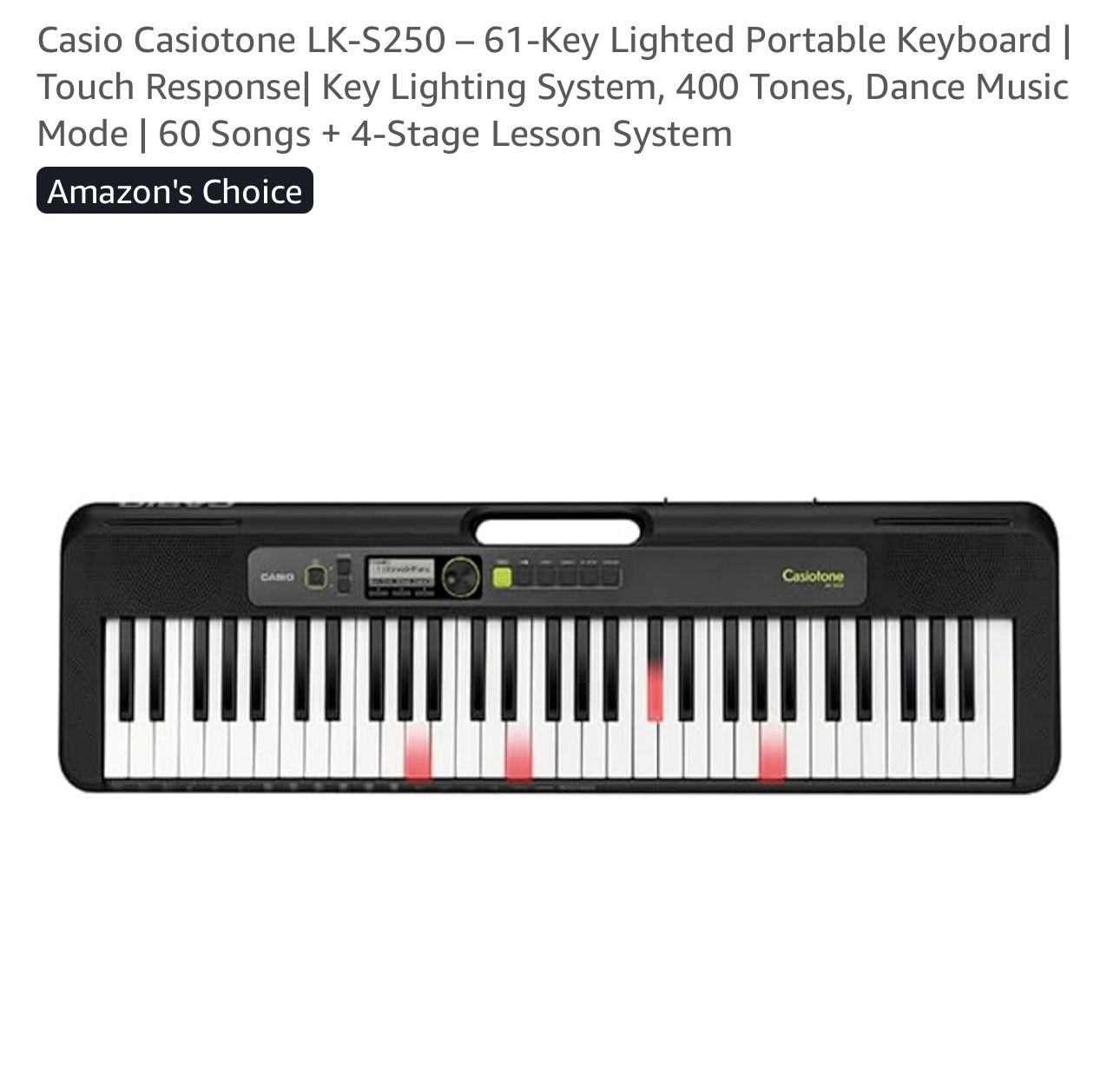 Casio Casiotone LK-S250 - 61-Key Lighted Portable Keyboard | Touch Response, Key Lighting System, 400 Tones, Dance Music Mode | 60 Songs + 4-Stage Les