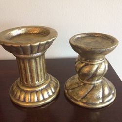 Pair of Antiqued Gold Ceramic Candle Column Candle Holders