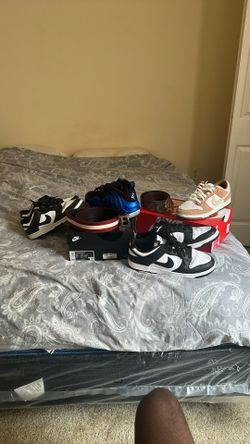 Nike Dunk Low Black & White (Panda Style) Nike Dunk Low Brown/Tan Nike Air Foamposite black And Blue, Gucci Belt & Bally Belt