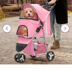 Pink Foldable 3 Wheel Dog Cage Cat Joggor Stroller Cart with Weather Cover, Storage Basket 