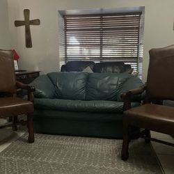 Leather Love Seat 2 Leather & Wood Chairs