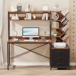 52" Computer Desk with Bookshelf, 3 Drawers ＆ Hutch for Bedroom Office Desk with Printer Shelf, Study Writing Desk with Storage Shelves, Rustic Brown