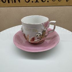 Antique German Remember Me Teacup and Saucer Lusterware Pink and Gold Flower 3D