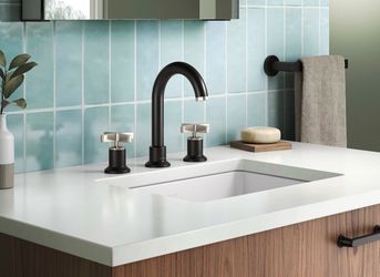 KOHLER Premise Matte Black/Polished Nickel Widespread 2-Handle WaterSense Bathroom Sink Faucet with Drain