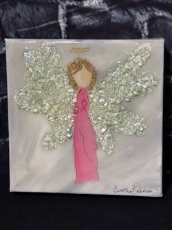 Cynthia Roberson Signed Mixed Media Crushed Glass & Resin Pink Ribbon Angel Art Canvas (6" x 6")