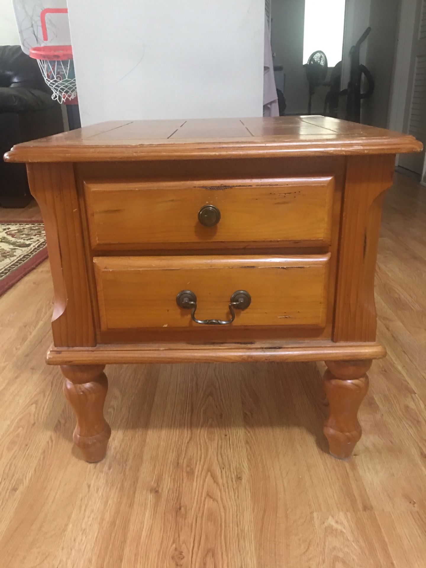 Solid wooden side table with 2 storage shelves