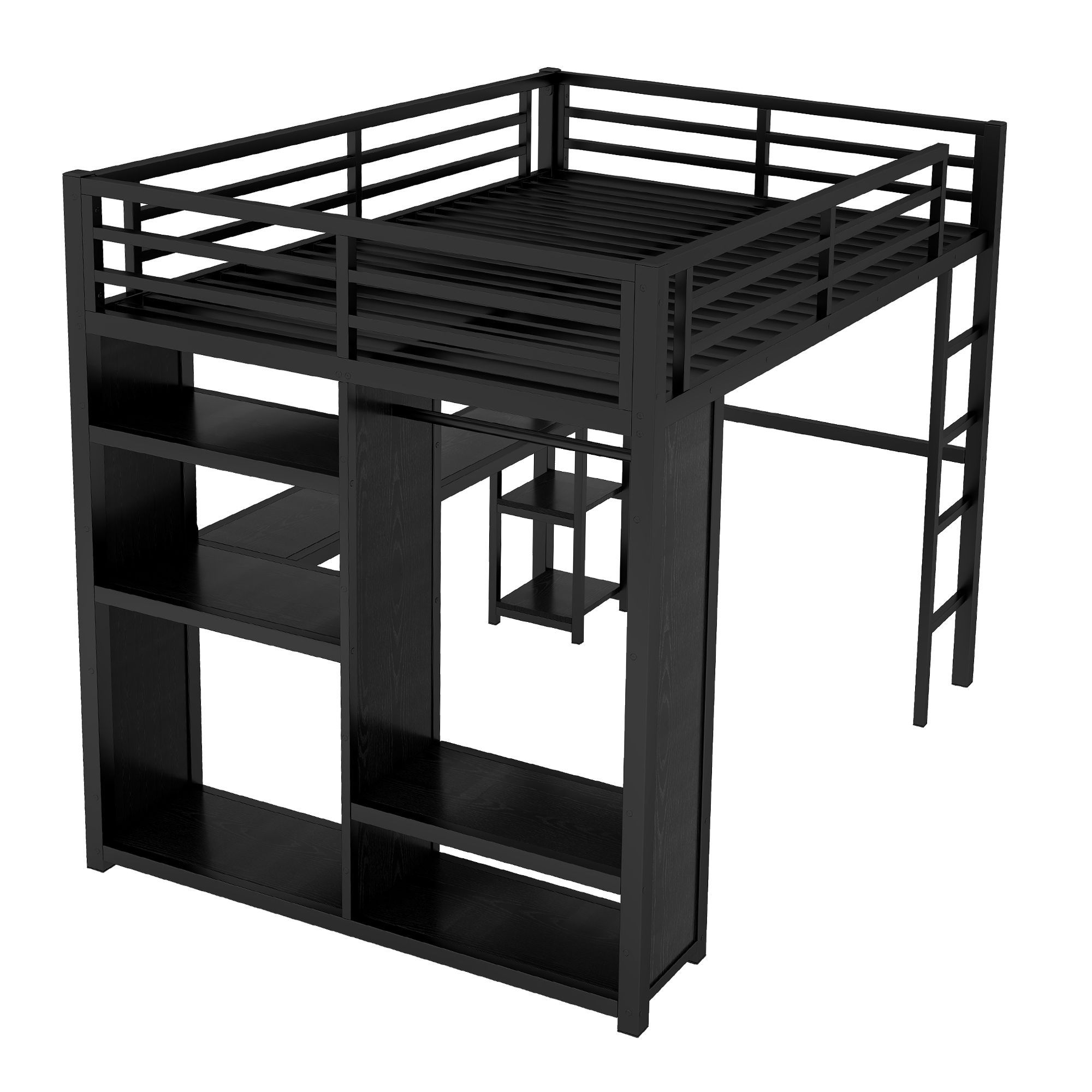 Queen Size Loft Bed Frame with Built in Wardrobe Metal Loft Bed with Desk and Storage Shelves Black