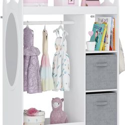 UTEX Kids Play Armoire with Mirror, Storage Bins and Closet for Dress Up and Costumes (White)