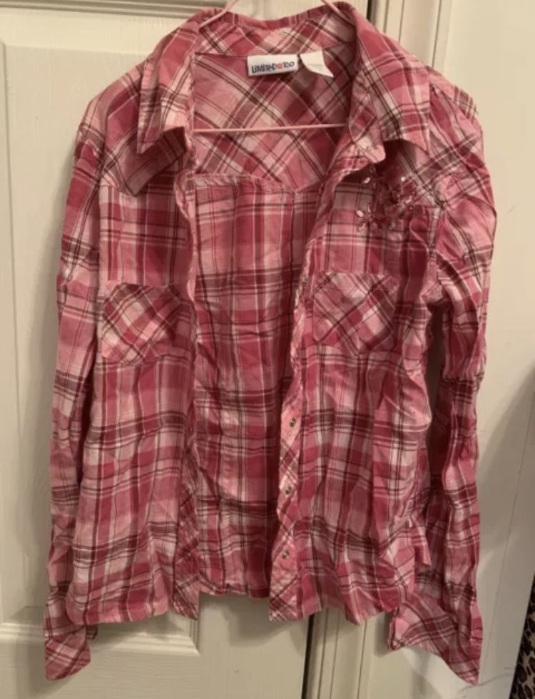 Limited Too Pink Flannel Long Sleeved Shirt Girls S 10 Cotton Flowers SnapButton
