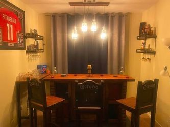 Tiki Corona Extra Wooden Bar with Three Barstools