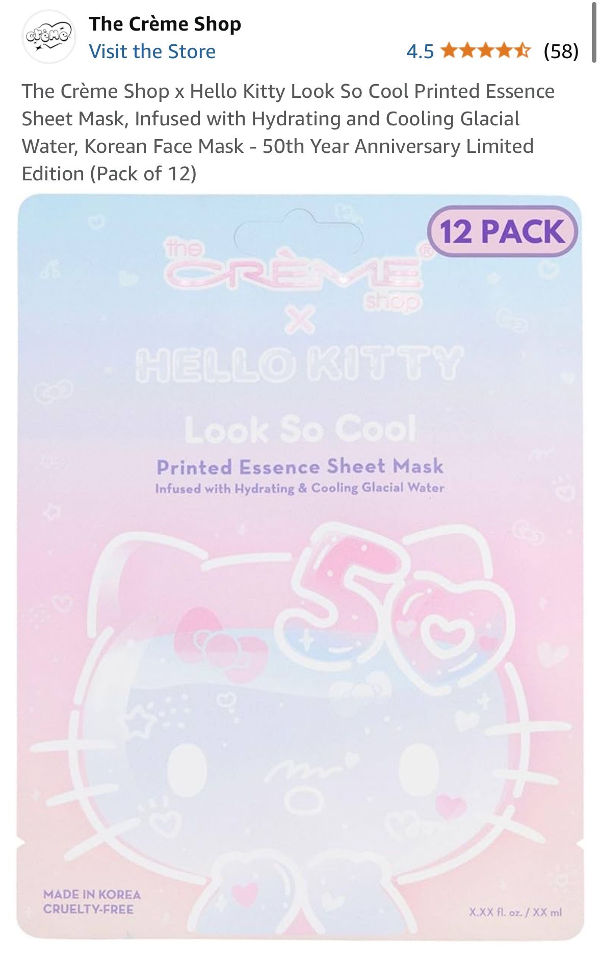 The Crème Shop x Hello Kitty Look So Cool Printed Essence Sheet Mask, Infused with Hydrating and Cooling Glacial Water, Korean Face Mask - 50th Year A