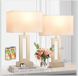 Gold Table Lamps Set of 2, 16.4" Bedside Lamps for Nightstand with USB C+A