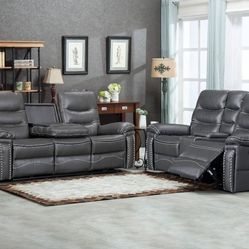 Brand New Gray Or Black Gel Leather Power Reclining Loveseat + Sofa With Cup Holders