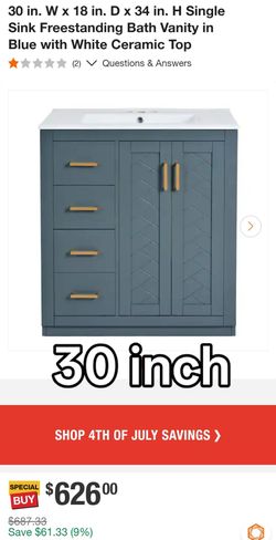 30 in. W x 18 in. D x 34 in. H Single Sink Freestanding Bath Vanity in Blue with White Ceramic Top