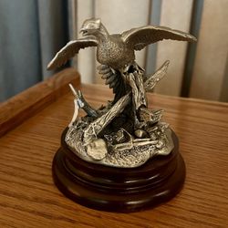 Chilmark Ringneck Pheasant Fine Rare Pewter Figurine Sculpture George de Lodzia 1981 Antique Cherry Wood Base