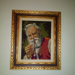 Vintage Royal Paris Gartner Austrian Old Man With Pipe Needlepoint Completed With Vintage Frame