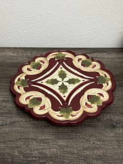 11" Round Ceramic Footed Trivet Burgundy Green Leaf Scrollwork Table Decor