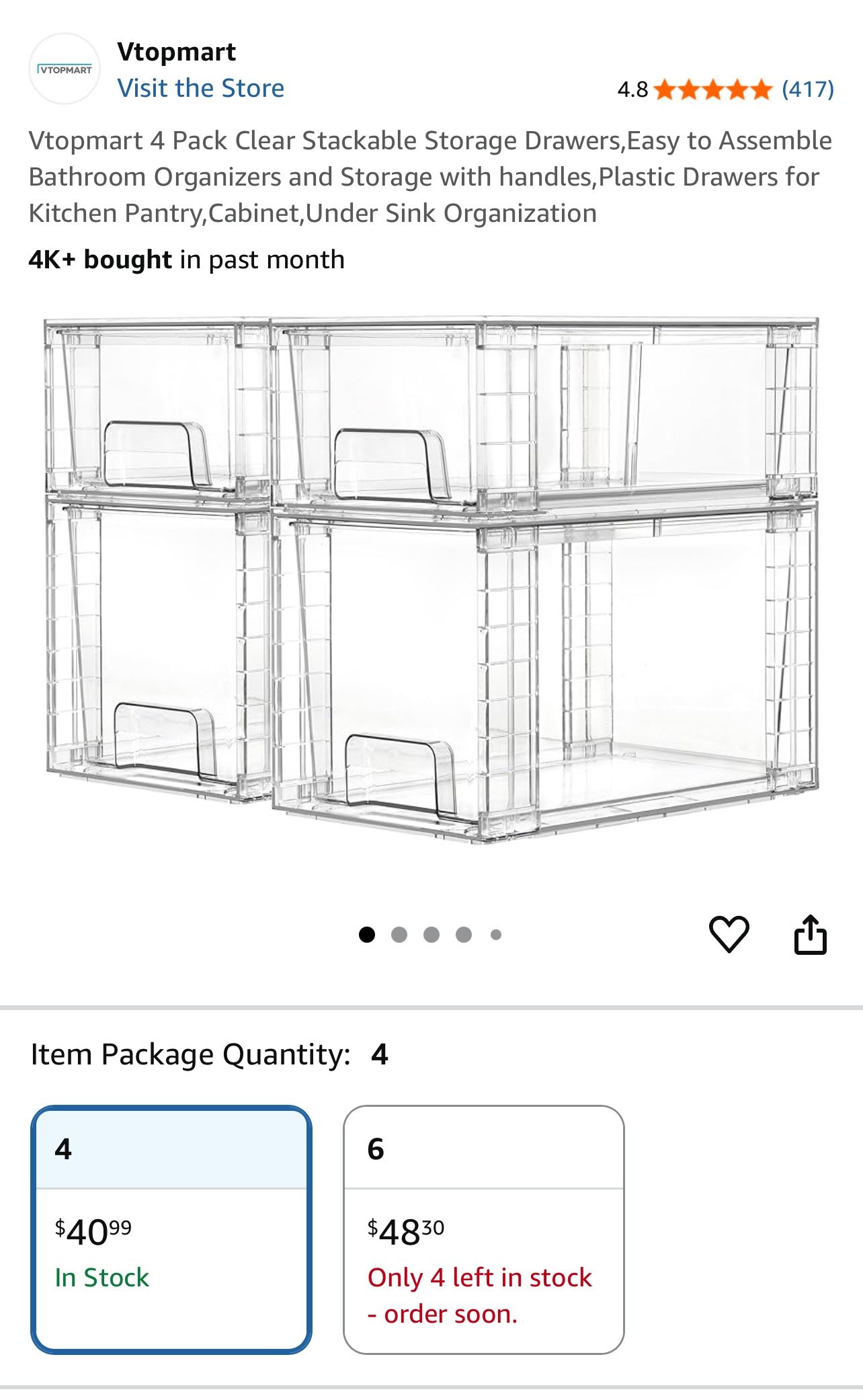 Vtopmart 4 Pack Clear Stackable Storage Drawers,Easy to Assemble Bathroom Organizers and Storage wit