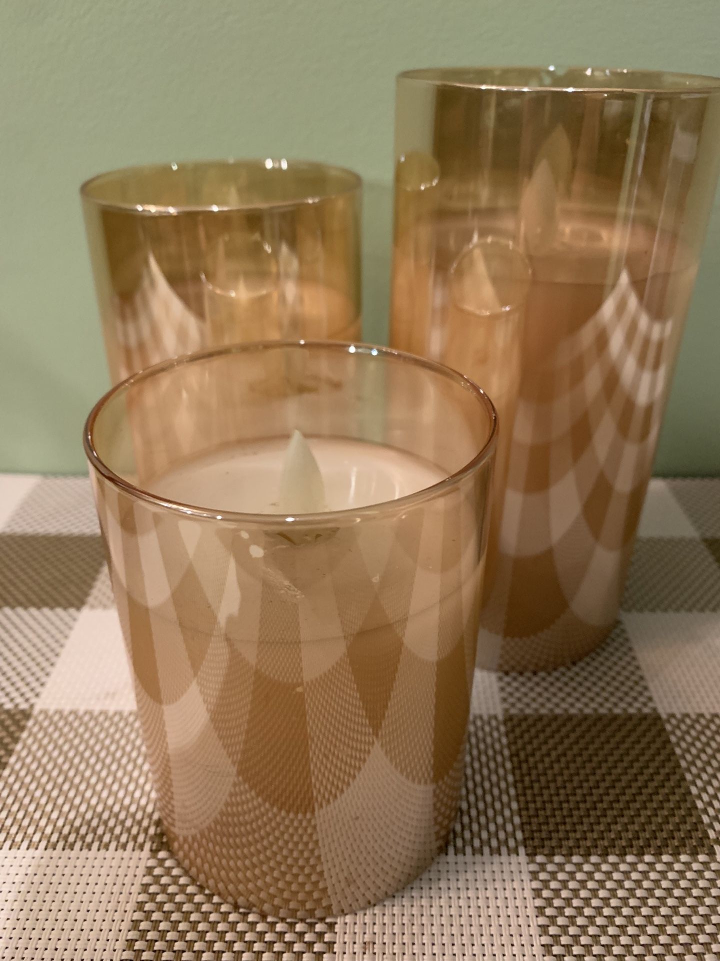 Set Of 3 Bronze Colored Glass Candles, Battery Operated So Candle Flame Moves Back & Forth, Pearl Finish, Can Be Used As Decor