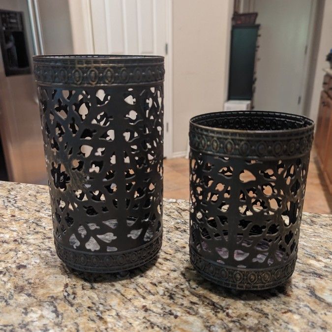 Bronze Reticulated Punched Metal Persian Luminary Pillar Candle Holders #41053 7.25" & 5.5" Tall