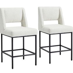 5012  26” White Modern Barstools Set of 2, Upholstered Bar Stools with Metal Legs, Thick Cushion and Open Back, Boucle Fabric Counter Height Chairs fo