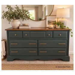 7-Drawer Wood Dresser Pweter Green with Gold Hardware
