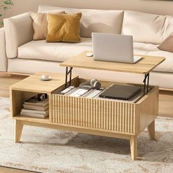 Fluted Lift Top Coffee Table with Storage, Modern Coffee Table for Living Room, Home Office(Natural)