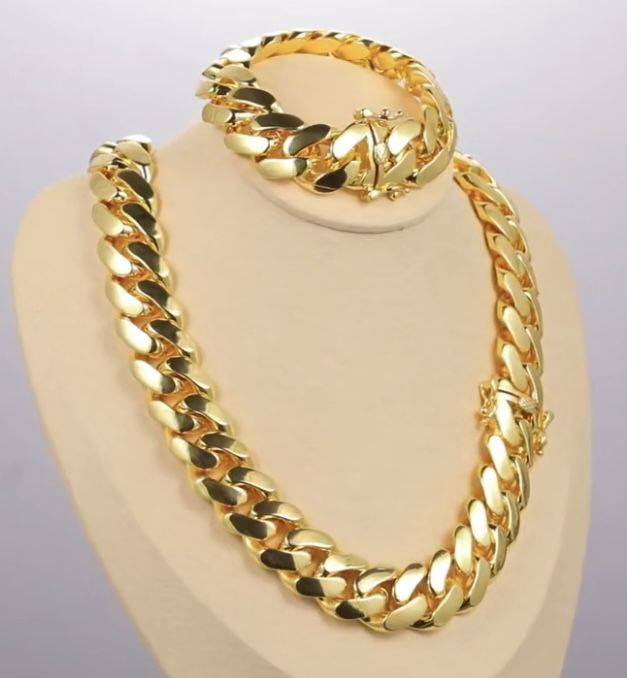 New 18k Yellow Gold Filled Cuban Link Chain And Bracelet Set 22mm Thick 