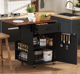 Assembled New 39.3" Farmhouse Kitchen Island w/ Drop Leaf Open Side Rack Small Kitchen Rolling Cart