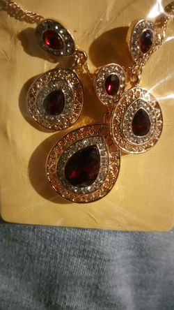 Gold Plated Red Crystal Necklace Earrings Wedding sets For Women's Bohemian Jewelry set