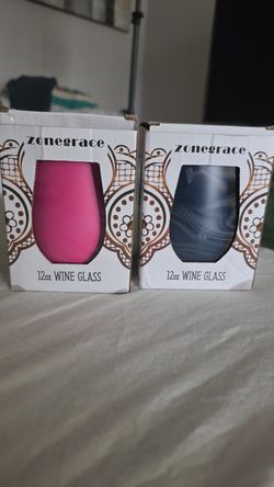 Zonegrace 12 oz Insulated Stemless Wine Glasses Set of 2 Blue Pink New in Box