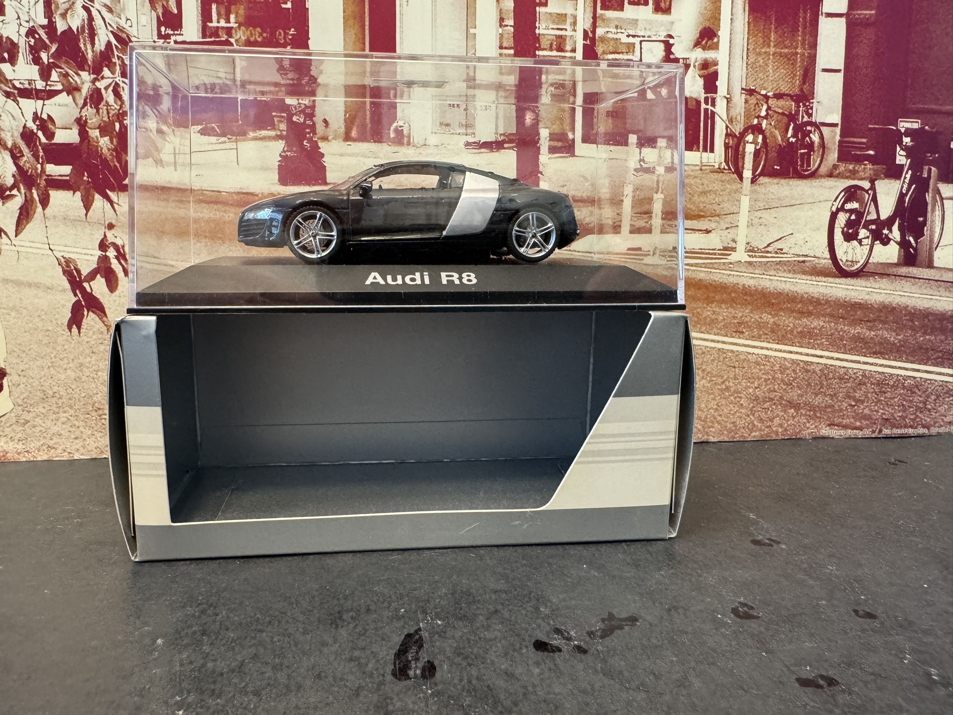 1:43 Scale Schuco Audi R8 Diecast Car with Display Case.