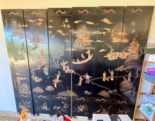 Vintage 6-Panel Double-Sided Asian Folding Screen – Hand-Painted Landscape & Birds – 84” × 96”