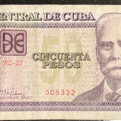 Banco Centro América  Currency 50 Pesos Calixto García. Circulated In Good Condition 