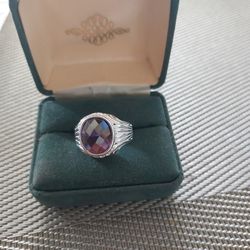 Sterling Silver Men's Amethyst Cz Cushion Cut  Oval Ring Sz 9