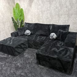Famous Boneless Modern Black Corduroy Sectional Sofa with Ottoman - FREE DELIVERY $550