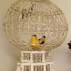 Vintage Moroccan White Wood And Wire Balloon Top Bird Cage