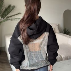 Black Hoodie w/ Sparkly Rhinestone Mesh Back