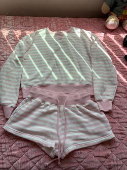 Pink and White Striped Sweatshirt and Shorts Set