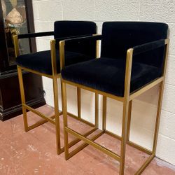 Restoration Hardware Blue & Gold Bar Height Bar Stools