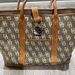 Dooney & Bourke Signature Monogram Tote Bag Tan Brown Leather Trim