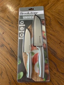 New Set of 2 Brookstone Santoku Stainless Steel Knives with Protective Sheaths & Ergonomic Design