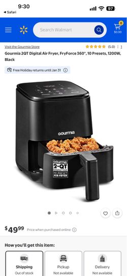 Air fryer Gourmia 2QT Digital Air Fryer, FryForce 360°, 10 Presets, 1200W, Black