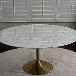 60” Round Artificial Marble Dining Table Gold White - Midway Lippa 
