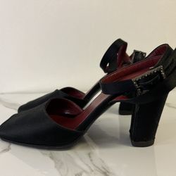 YSL black satin open toe ankle strap high heels. Size 6, good condition.