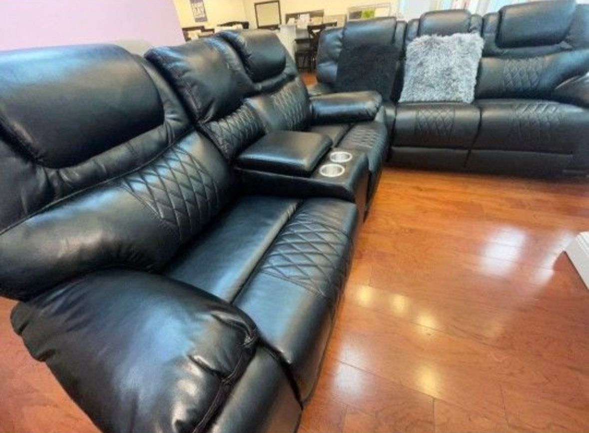 Holiday sale. Santiago, black leather reclining sofa and loveseat set only $1299. Easy finance option. Same-day delivery.