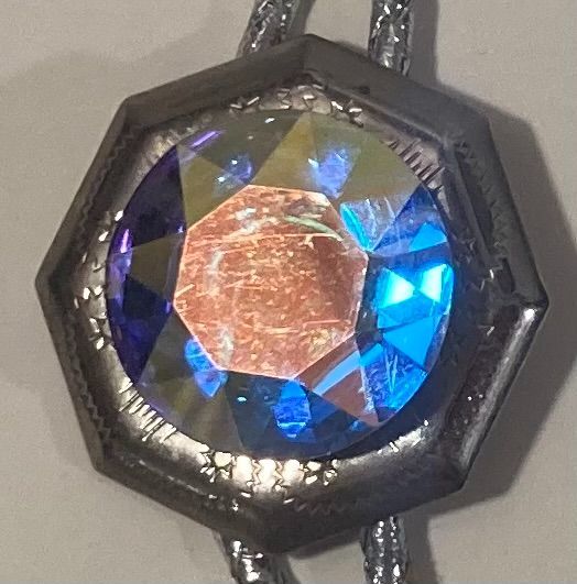 Vintage Metal Bolo Tie, Nice Very Very Sparkly Stone Design, Very Bling and Sparkly, Lots of Colors, Silver Cord, Nice Western Design, 1 1/2" x 1 1/2"