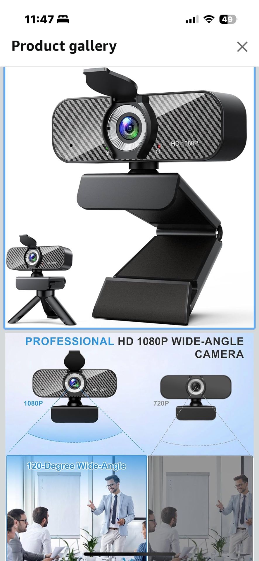 Webcam Full HD 1080P with Built-in Microphone and Rotatable Tripod, Carbon Fiber Board and Privacy Cover, Auto Light Correction, Adjustable FOV, Plug&