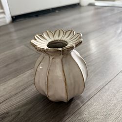 Ceramic Flower-Shaped Candle Holder White Beige Glossy Floral 4.5in Small