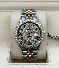 Rolex Datejust 36mm two tone natural diamonds 10CTW bussdown iced out yellow gold stainless roman dial 1603 stainless steel jubilee bracelet watch box
